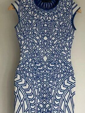 RVN Blue and White Geometric Cap-Sleeve Sheath Dress